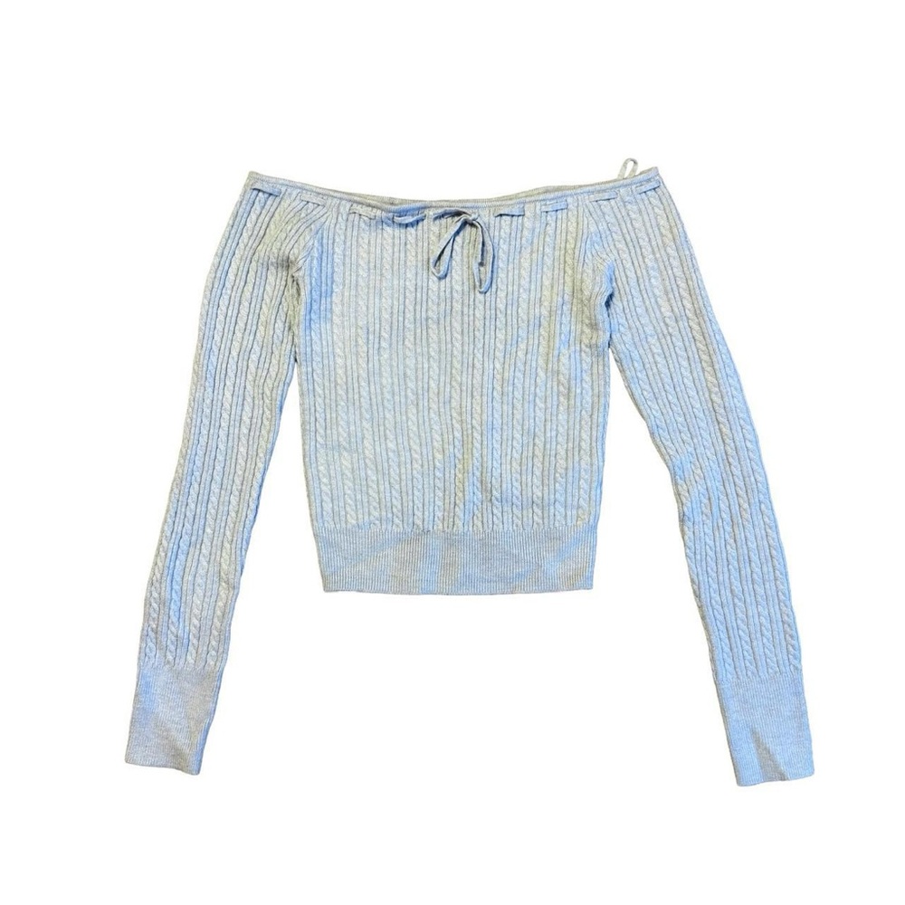 Hollister Light Blue Purple Off the Shoulder Cable Knit Bow Cropped Sweater M
